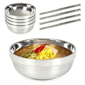 올비아 스텐 이중 면기 냉면그릇 국수그릇 18cm 4P+젓가락 4벌