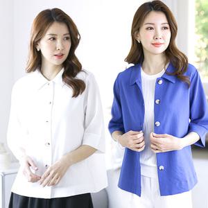 여성 인견 7부 셔츠 블라우스 자켓 러프 엘레강스 카라넥 인견원단 반팔