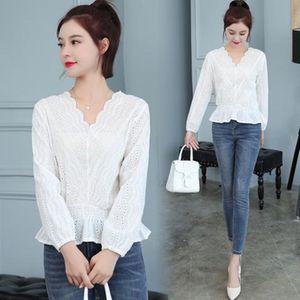F55421 예쁨주의 허리셔링 펀칭레이스 V넥 블라우스 예쁜여자블라우스 레이스블라우스 쉬폰블라우스