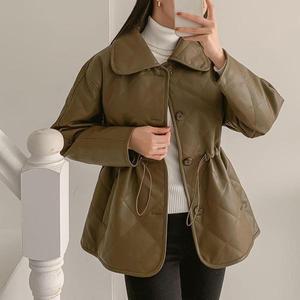 [옷자락]여자 가죽자켓 퀼팅 스트링 빅카라 투웨이 누빔 자켓