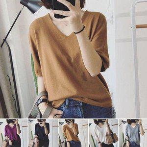 [다잇템]여자 여성 반소매티 티셔츠 반소매 V넥 니트_P346945714