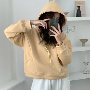 여성 베이직 무지 사선절개 포켓 기모 후드 티셔츠