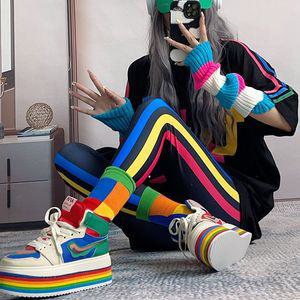 트렌디 한 브랜드 개성 콘트라스트 사이드 스트라이프 레깅스  여성복 가을과 겨울 양털 하이 웨이스트 스