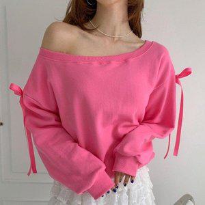 [VY] 여자 발레코어룩 빅사이즈 분홍색 리본보우 원숄더 맨투맨_16135353_588847