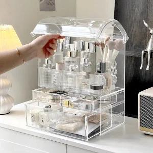 (19% 원데이특가) 투명 플리츠 화장품 아크릴 화장대 선반 대용량 향수 메이크업 대용량 수납함 빅사이즈