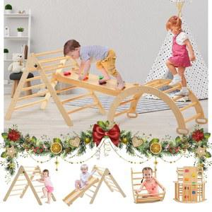펀리오 접이식 피클러 삼각형 세트, 2-5세 용 원목이 있는 몬테소리 등반 아치형/슬라이드형/클라이밍 록/트라이앵글이 조절 가능한 5-in-1 실내 놀이 체육관, 설치가 간편한 중형 사이즈
