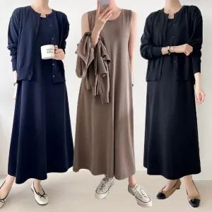 여성 봄 가을 니트 긴팔 가디건 나시 롱 원피스 세트 투피스 셋업 SST0105S 빅사이즈 루즈핏