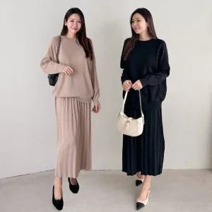 여성 봄 가을 니트 긴팔티 플리츠 롱스커트 세트 니트치마세트 SST0083S 빅사이즈 루즈핏