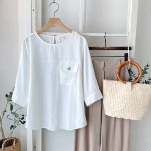 [샵앤][샵앤] 국산 여성 심플 루즈핏 5부 여름 블라우스 REI-WBL-4642-아이보리