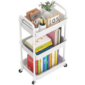 손잡이가 있는 모이핀 3단 플라스틱 롤링 유틸리티 카트, 사무실용 유틸리티 보관 카트, 거실, 주방, 이동식 보관 정리 선반, 흰색