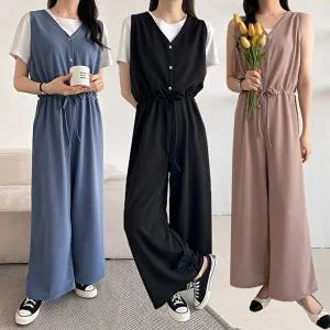 여성 허리스트링 브이넥 단추 나시 점프수트 SJS0027 봄 가을