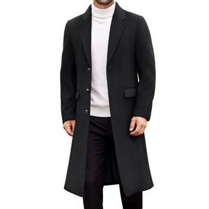 COOFANDY 남성 트렌치코트 롱 캐주얼 싱글 브레스트 오버코트 겨울 노치 칼라 울 블렌드 완두콩 코트 주머니 포함