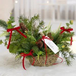 [플라워트리]크리스마스 장식 바구니 레드벨벳 리본 몬타나 50x35cm 소품 테이블 탁상용 데코 행사 촬영