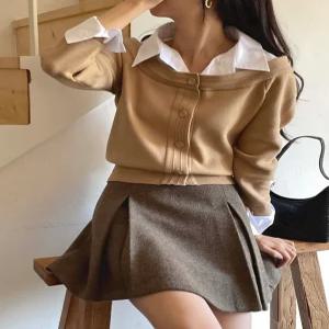 BEST) 셔츠 레이어드 니트탑 오프숄더 셔츠와 붙어있는 여성니트티셔츠 개강룩