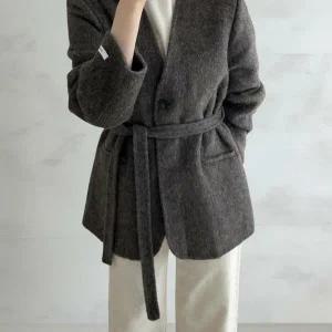 여성 알파카 카라없는 수제 혁대 울 재킷