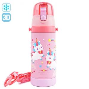 유니콘 3D 원터치 어깨끈 스텐 보틀 480ml나들이물통 휴대용 목걸이 어린이물병 키즈 캐릭터 소풍