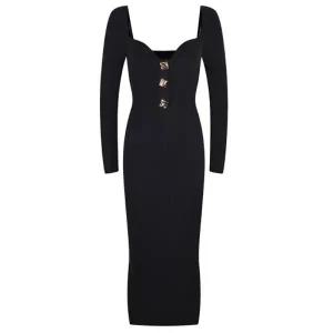 [다잇템] 여성 스웨터 골드버튼 슬림라인 골지 하트네크 롱 원피스