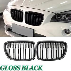 E84 X1 18i 20i 25i 28i 2009-2015 1 쌍 광택 블랙 레이싱 그릴 커버 더블 라인 자동차 앞 범퍼 신장
