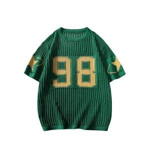 보드럼 여성용 Y2K 저지 셔츠 오버사이즈 숫자 크로셰 할로우 아웃 티 스웨터 크루넥 반팔 니트 티셔츠