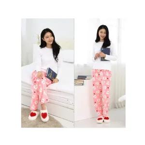 여자 겨울 따뜻한 귀여운 토끼 무늬 고무 밴딩 수면 바지 분홍색