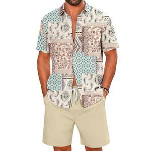 렉기 남성 하와이안 2피스 셔츠와 반바지 세트 여름 해변 매칭 의상 운동복