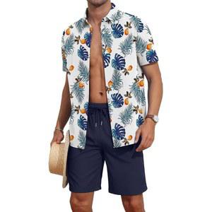 YTD 남성용 2피스 의상 트로피컬 프린트 반팔 버튼 다운 하와이안 셔츠와 비치 반바지 세트