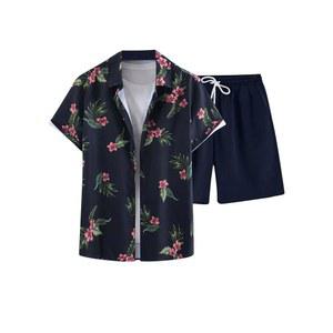 코지이즈 남성 트로피컬 프린트 2피스 의상 반팔 버튼 다운 셔츠 상의와 반바지 세트