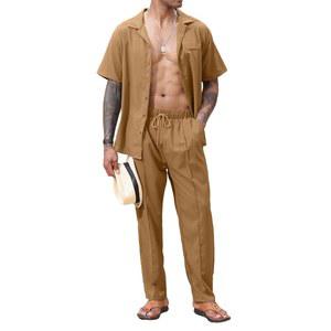 남성 비치 의상을 위한 렉시아트 2종 세트 쿠바 칼라 버튼 다운 셔츠 다크스트링 팬츠