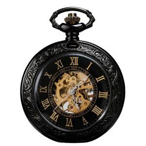 플라이르몬 남성용 블랙 메카니컬 레트로 포켓 워치, 클래식 수동 와인딩 체인이 포함되어 있어 다양한 명절 선물로 적합합니다.