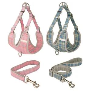쓰리몰 강아지 산책 리드줄 하네스세트 체크패턴 소형견용 목줄 가슴줄 세트