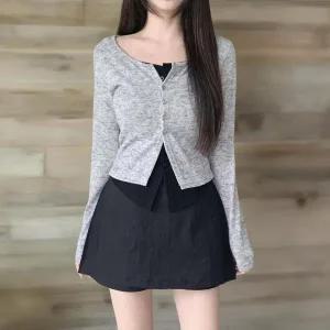 [하프클럽/]여성용 배색 긴팔 레이어드 가디건 레이온 스판