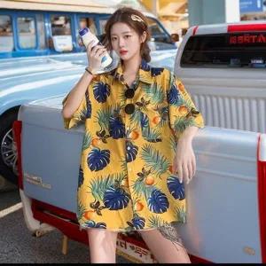 [하프클럽/]이지 휴양지 바캉스룩알로하 하와이안 반팔셔츠 야자수 플라워