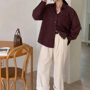 [하프클럽/]여성 면원단 빅사이즈 주머니 격자 셔츠