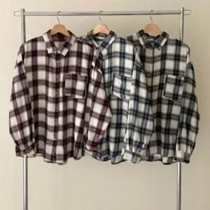 [하프클럽/]여성 빅사이즈 면혼방 콘트라스트 격자 남방