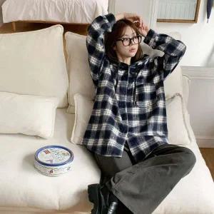 [하프클럽/]여성 후디 베이직 빅체크 빅사이즈 남방