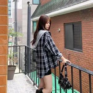 [하프클럽/]여성 후디 빅사이즈 빅체크 면혼방 셔츠