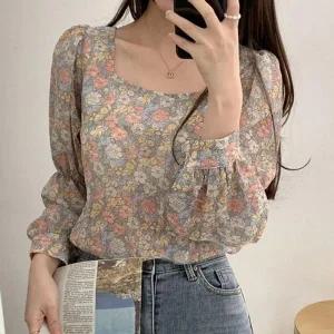 [하프클럽/]레이디스 플라워패턴 플로럴 퍼프 시폰 셔츠 S/S 프리미엄 꽃블