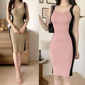 [하프클럽/]민소매 롱기장 원피스룩 베이직레이디스 브이라인 타이트핏 니