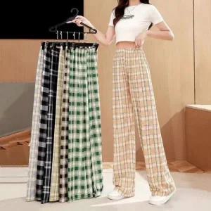 [하프클럽/]여성용 체크패턴 통바지 아이스팬츠 오버핏 이지 통수면복 트라