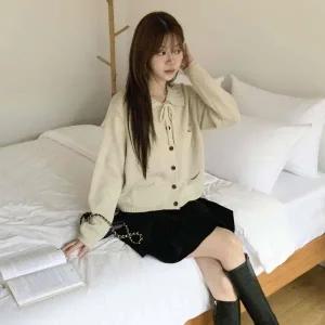 [하프클럽/]여성 러블리 리본 스트랩 울혼방 가디건