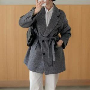 [하프클럽/]여성용 겨울 하객 패션 빅사이즈 벨트 트임 하프 퍼 자켓