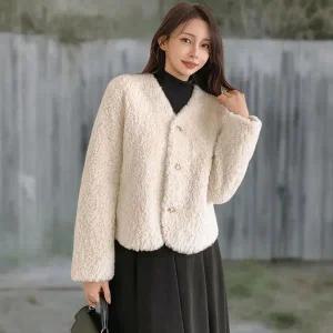 [하프클럽/]여성 금속 버튼 겨울 시즌 브이넥 덤블 뽀글이 자켓