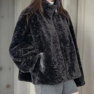 [하프클럽/]여성 겨울 하이넥 소프트퍼 오버핏 가죽 집업 자켓