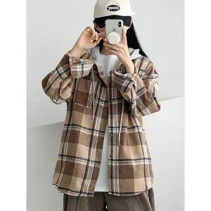 [하프클럽/]기모 체크 기모후드 셔츠 루즈핏 박시핏 겨울 남방 간절기 아우