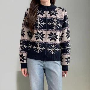 [하프클럽/]여성 눈송이 노르딕 자가드 배색 나그랑 집업 니트 가디건