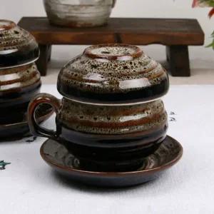 천목 호피무늬 손잡이 부부다기세트 8p  2인구성 다기세트 찻잔세트