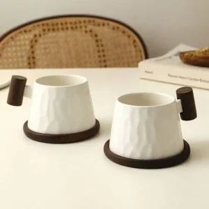도자기머그컵 우드핸들 도자기 머그컵 컵받침 2인 세트 홈카페 선물