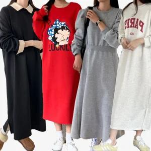 여성 기모 겨울 롱 원피스 맨투맨 후드 루즈핏 오버핏 빅사이즈 홈웨어 A라인 박시 면 라운드 플레어 니트