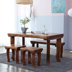 해찬솔 통원목 비담 4인용 식탁세트D 1500 (긴의자+스툴의자2개)/통원목다리/벤치.스툴포함/원목식탁