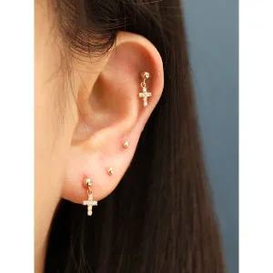 [미니멀피어싱]14K 볼 큐빅 십자가 드롭 피어싱 귀걸이